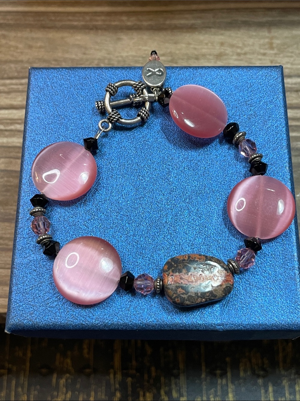 Pink Cat's Eye Beaded Bracelet with Leopardskin Jasper Stone